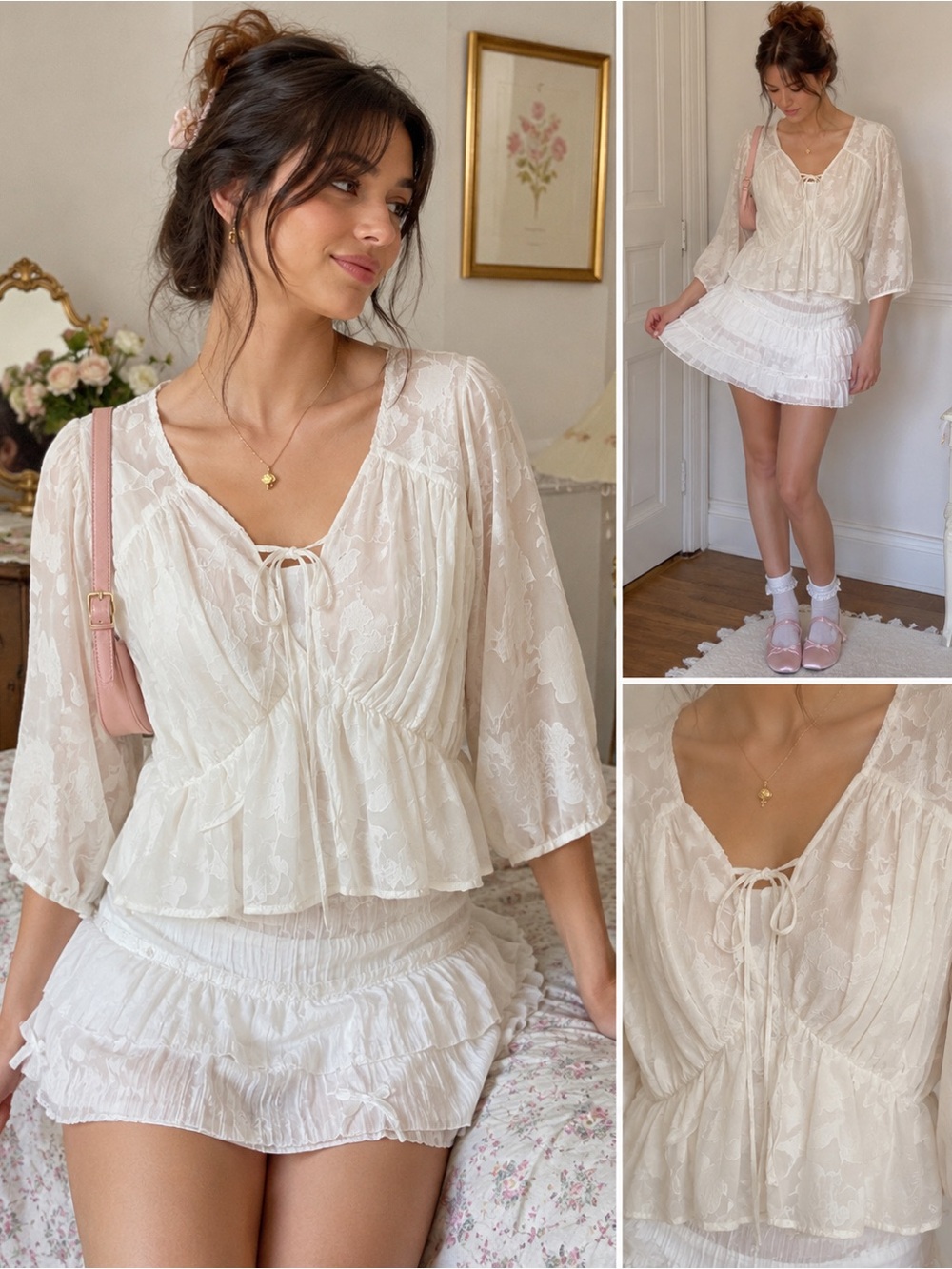 Listicle Ivory Burnout Floral Peplum Blouse Size L Romantic Coquette